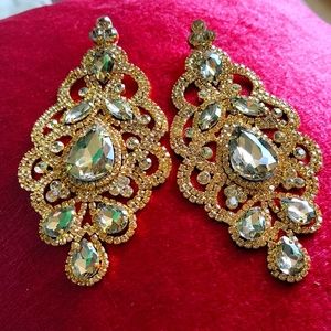 Gold Crystal Rhinestone Huge Oversized Pageant Earrings